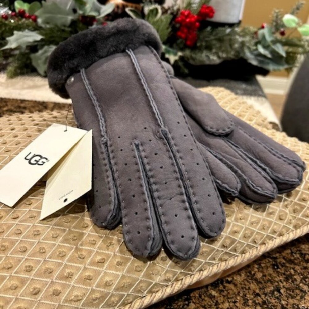 UGG Charcoal Perforated Shearling Gloves